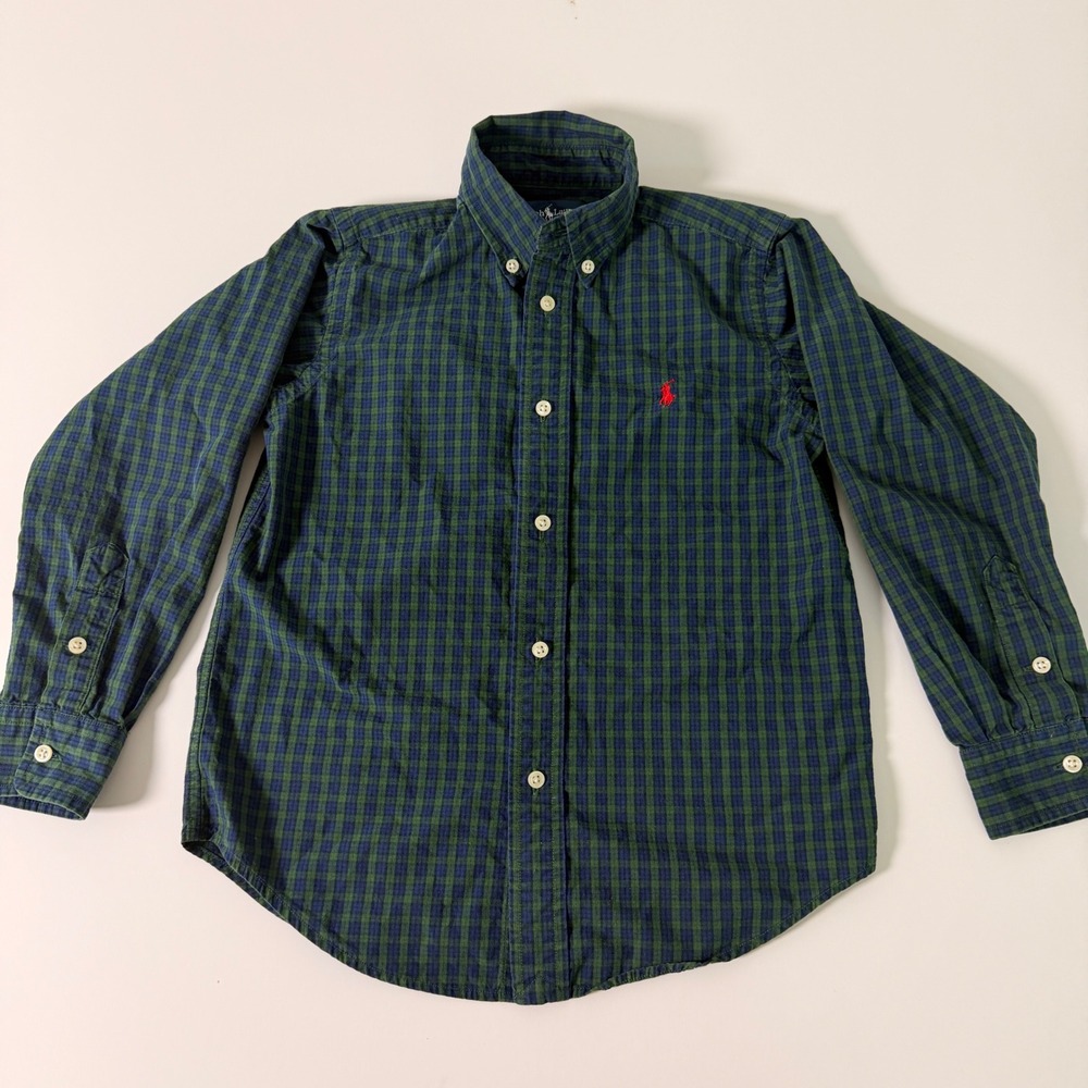 Ralph Lauren Boys Green Navy Blue Plaid Button Down Shirt Size 6 Long Sleeve